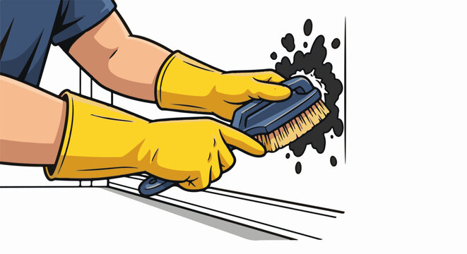 Person in yellow gloves scrubs black grime from a white surface with a brush