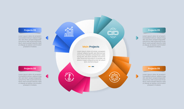 Cycle and circular base infographic with glossy gradient style with big circle and fan paper layer style with quadrant structure with four segment information