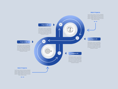 Cycle and circular base infographic with glossy gradient style with endless loop infinity with 8 shape on skew position with four segment information