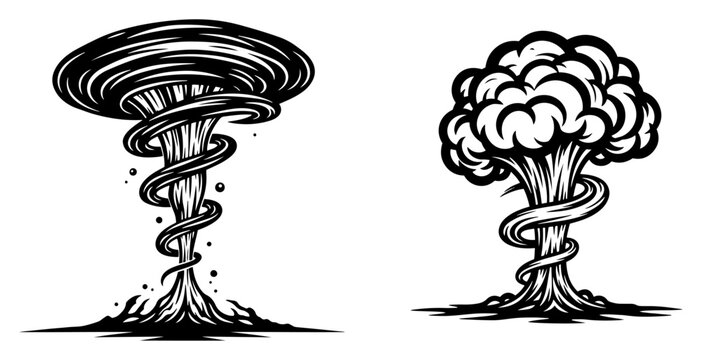Tornado vortex and storm cloud icons for weather disaster themes in linocut style