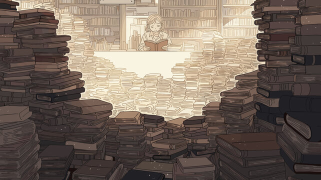 大量の本に囲まれて読書をする少女 図書館や古本屋の山積みの本棚 幻想的でレトロな雰囲気のイラスト
