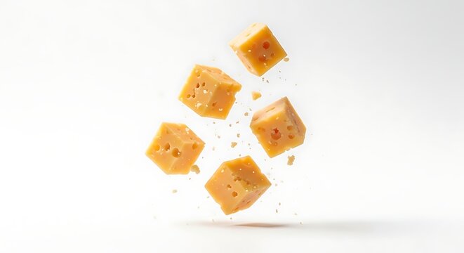 Delicious cube-shaped cheddar cheese falling in mid-air against a clean white background, ready for snacking or cooking