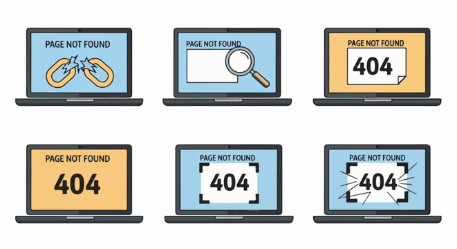 Six laptops display "Page Not Found" errors with various graphics