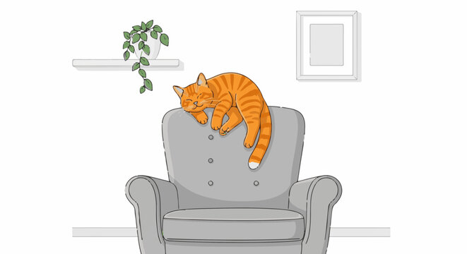 A cozy orange tabby cat naps comfortably on a soft gray armchair