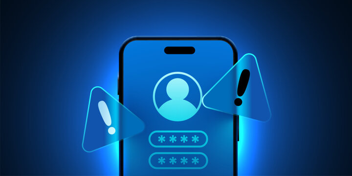Smartphone security concept with login interface and warning signs. Cybersecurity illustration.