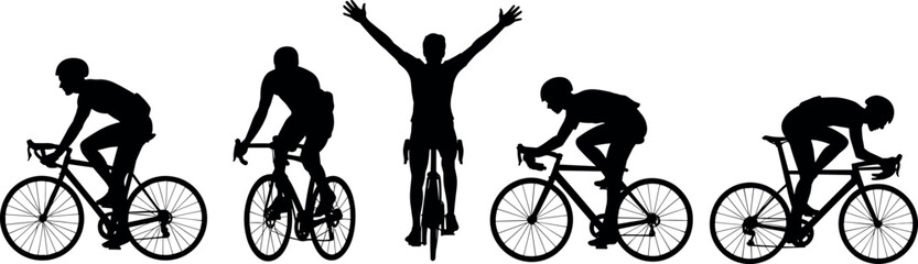 Naklejka premium Cyclists silhouettes racing and celebrating victory on bicycles, representing competitive cycling sport, fitness performance, endurance, and active outdoor lifestyle concept