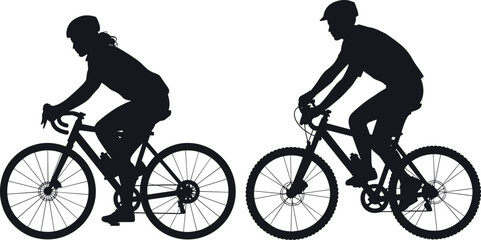 Fototapeta premium Cyclists silhouettes riding mountain bikes, representing outdoor activity, fitness, adventure, healthy lifestyle, and sports recreation concept in modern active living