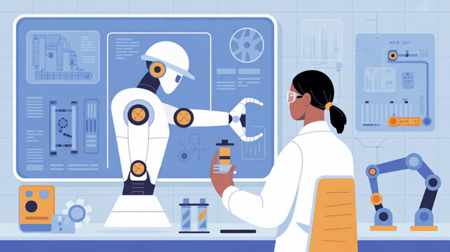 Female scientist working with robotic arm in laboratory setting with futuristic technology and equipment