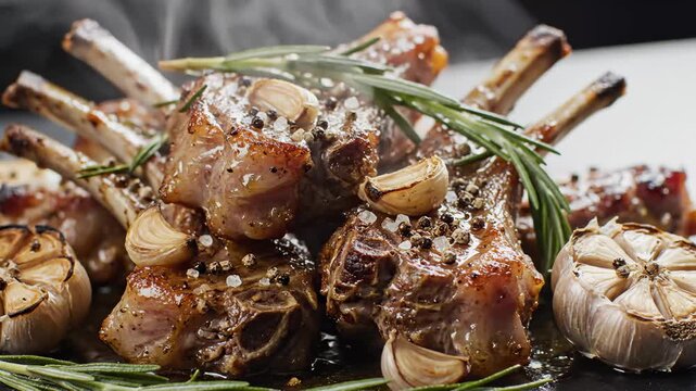 Delicious Lamb Chops With Garlic and Rosemary, Close Up Shot of Savory Meal