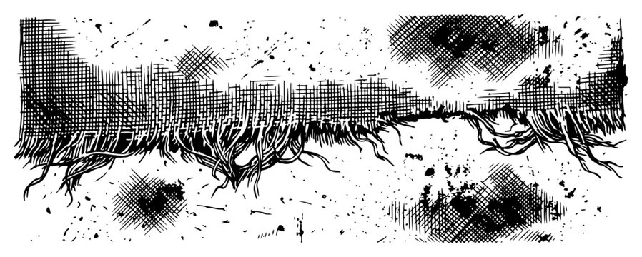 Torn fabric edge with hanging threads and cross hatched texture in vintage engraving style