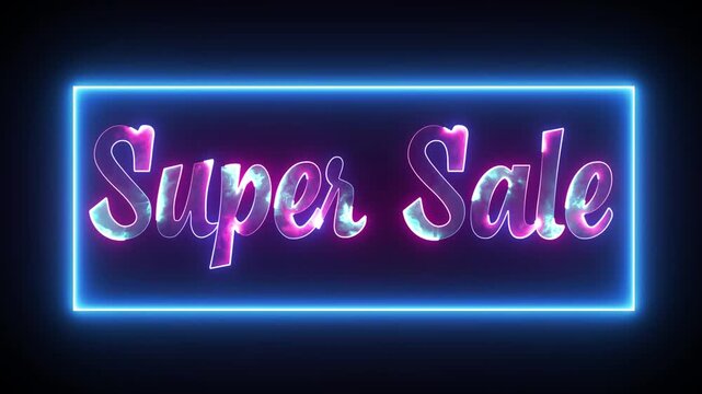 Super Sale neon text inside blue glowing rectangle, promotion, advertising, retail, discount