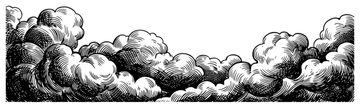 Fluffy cumulus clouds forming a border in traditional engraving style