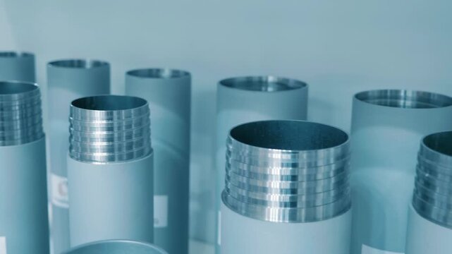 Thread structure at the ends of drill pipes. Closeup. Shot in motion