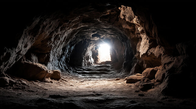 Dark dramatic cave tunnel entrance surrounded by rugged rock formations and deep shadow. Defocused interior darkness. Cave entrance, dark tunnel, rock formation, underground
