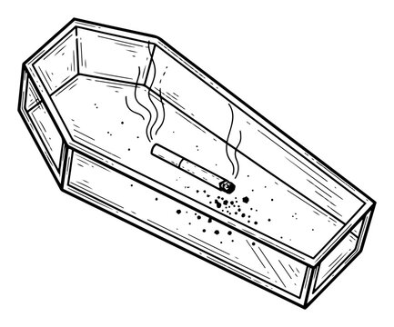 Burning cigarette inside an open coffin representing health risks of smoking in line art style