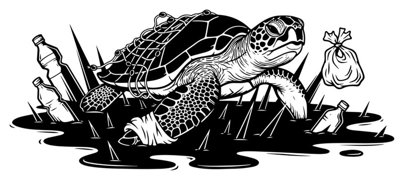 Sea turtle trapped in fishing net and plastic waste in polluted ocean water