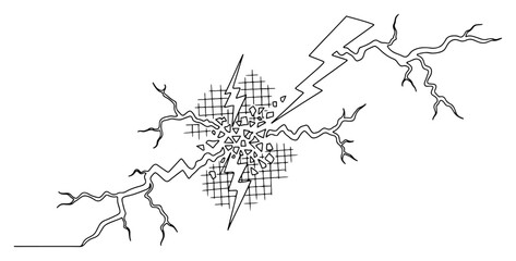 Lightning bolt hitting grid surface with shattered fragments in continuous line art style © Katarzyna