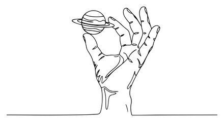 Hand holding miniature planet Saturn in minimalist continuous line art style © Katarzyna