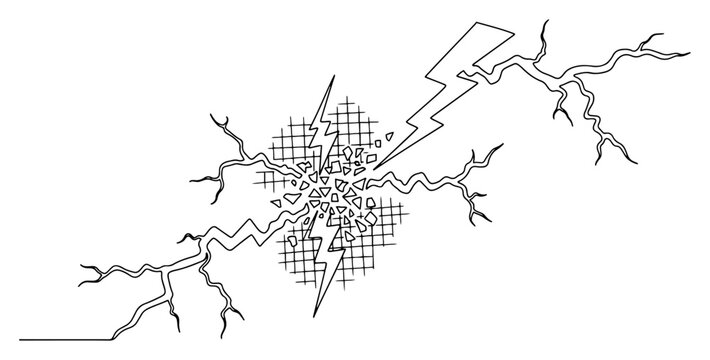 Lightning bolt hitting grid surface with shattered fragments in continuous line art style