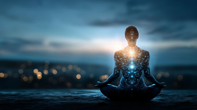 Faceless meditating figure with glowing chakra points seated in a dramatic mystical landscape with soft ethereal light. Defocused landscape background. Chakra art, mystical