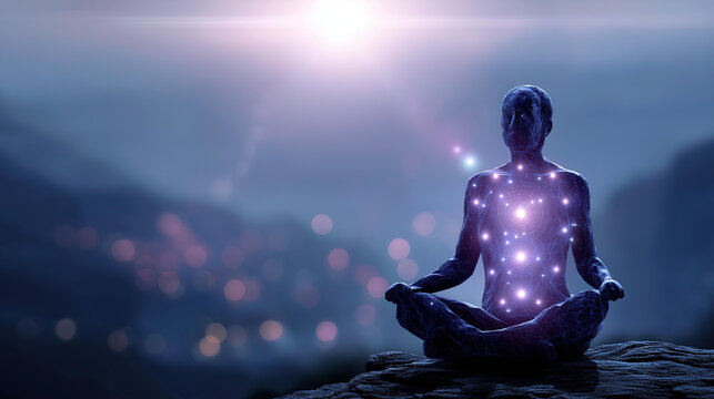 Faceless meditating figure with glowing chakra points seated in a dramatic mystical landscape with soft ethereal light. Defocused landscape background. Chakra art, mystical