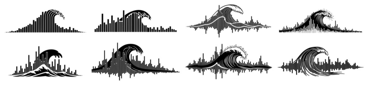 Ocean waves combined with audio frequency waveforms in minimalist graphic style