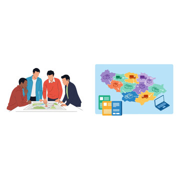 Business Meeting and Regional Map with Laptop and Folders