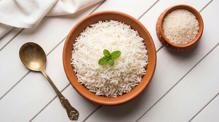 Bowl of cooked basmati rice with a mint leaf garnish and a small bowl of raw rice grains on a white wooden table © Food Shop