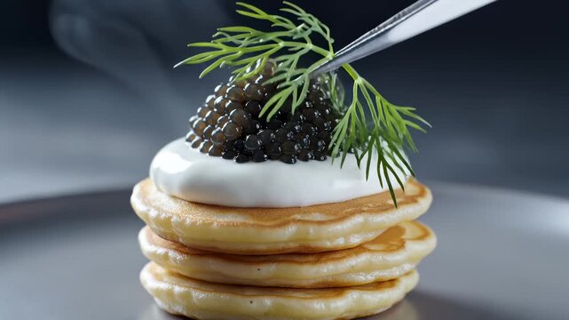 Gourmet Blinis Stacked With Cream and Black Caviar, Garnished With Dill