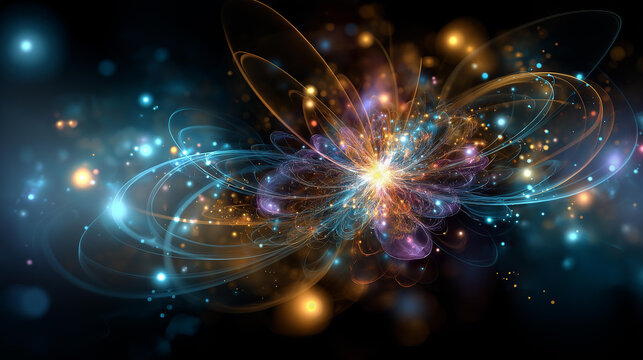 Vibrant colorful chakra meditation artwork with flowing spiritual energy and glowing light centers radiating outward. Defocused cosmic background. Chakra art, colorful meditation,