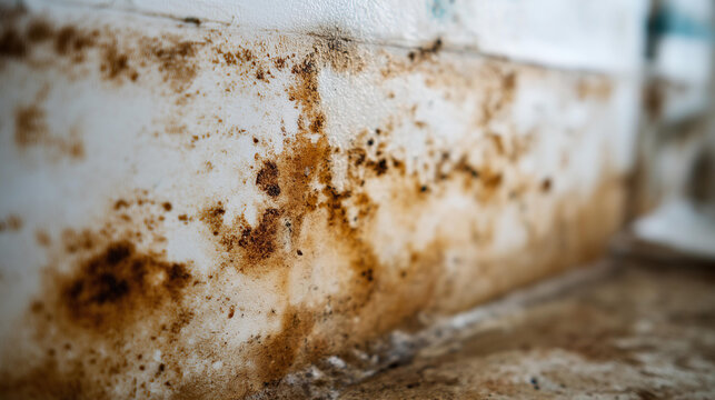 Close-up of mold and humidity patches spreading across a damp wall surface, conveying moisture damage and poor air quality. Defocused background. Mold texture, wall humidity,