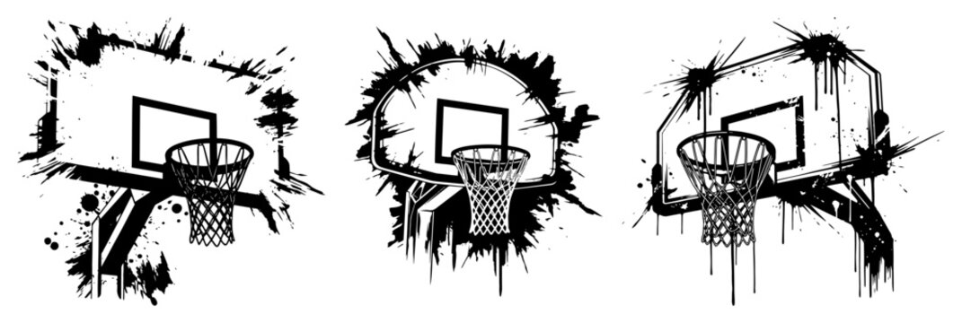 Basketball hoops with backboards featuring explosive ink splatters and drips in dynamic street style