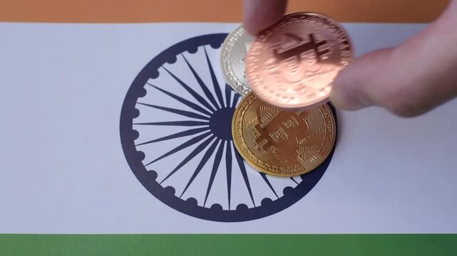 A conceptual financial background featuring Bitcoin against the Indian currency, the Rupee. Bitcoin on the Indian currency, the Rupee, as a background for your design
