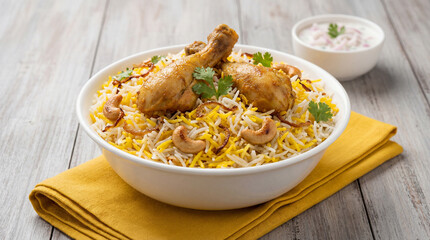 Delicious chicken biryani served in a white bowl with raita on a wooden table © Food Shop