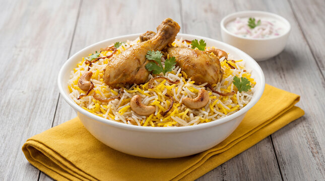 Delicious chicken biryani served in a white bowl with raita on a wooden table