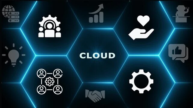 Advanced Cloud computing technology interface with glowing symbols for online data storage, remote hosting services, and global network access