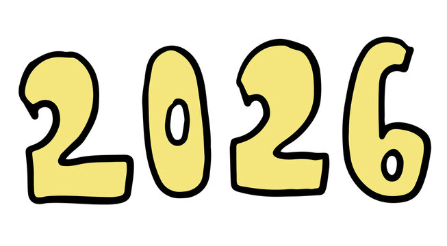 Hand drawn 2026 for Happy New Year, numbers, date, human, people, office worker, decoration, activity, healthy lifestyle, hobbies, leisure, happy holidays, date, trip, travel, vacation, winter breaks
