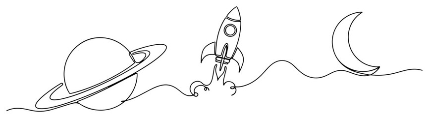 Rocket ship planet and crescent moon for space exploration concept in continuous line art style © Katarzyna