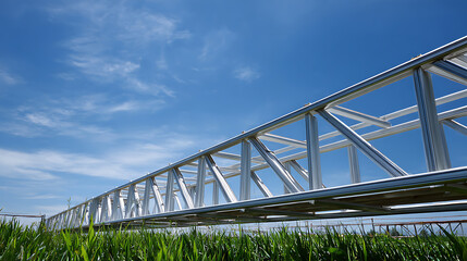 Fototapeta premium Irrigation System Structure Spanning Green Fields Under Clear Blue Sky, Modern Agriculture Technology for Crop Watering and Growth