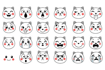 Obraz premium Cute cat emoji vector illustration set depicting various emotions from happy to angry and sad.