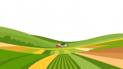 Obraz premium Vibrant agricultural landscape with rolling green hills a farmhouse and colorful cultivated fields representing rural life and farming concepts
