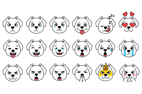Cute dog faces showing various emotions from happy to sad and angry.
