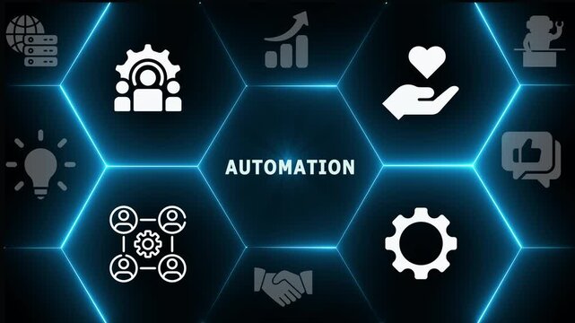 Smart industrial Automation concept with glowing gear icons and digital circuit lines representing efficient manufacturing and robotic processing