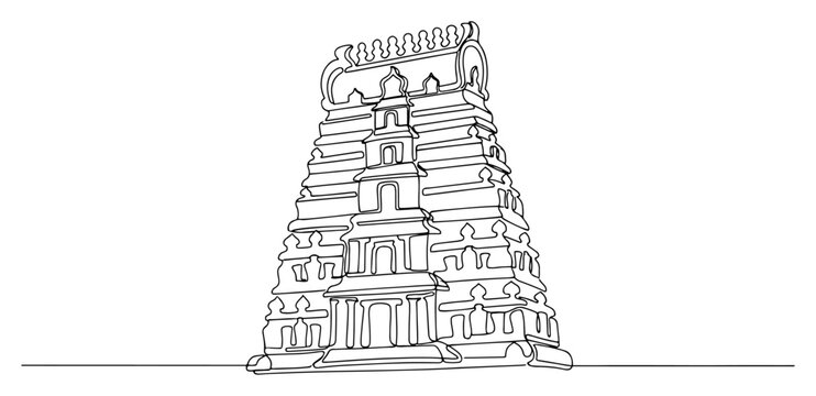 South Indian temple gopuram tower in continuous line drawing style