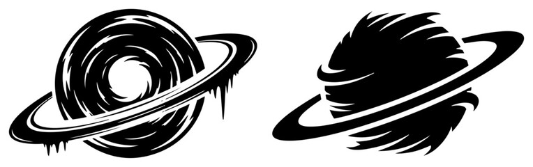 Abstract ringed planet icons with swirling vortex and jagged textures for space themes © Katarzyna