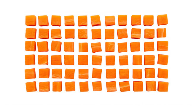 Many small pieces of salmon sashimi arranged in rows on white transparent background