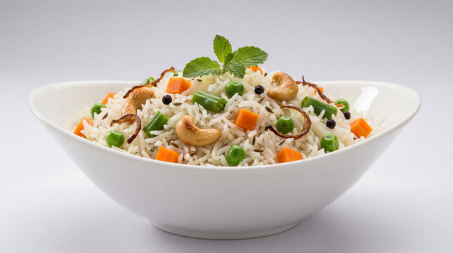Vegetable pulao or veg biryani made using basmati rice, served in a white bowl, isolated on white background