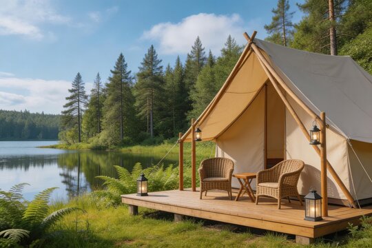 Acampamento de luxo (glamping) com tenda em plataforma de madeira &agrave; beira de um lago tranquilo. F&eacute;rias relaxantes na natureza com floresta de pinheiros