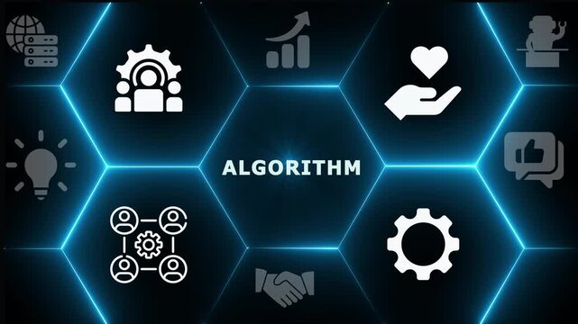 Complex mathematical Algorithm and AI processing concept with digital data flow and glowing code icons for machine learning and big data analysis.