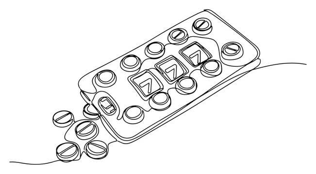 Medical pill blister pack designed as lucky slot machine in continuous line drawing style